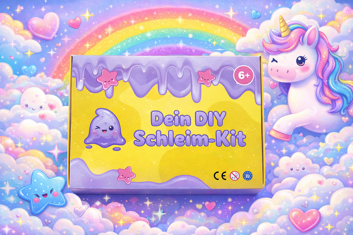 🦄🌈 Magischer Glitzer-Slime für Zuhause! Mit unserer DIY Slime Box erschaffst du zwei traumhaft funkelnde Slimes – Einhorn & Regenbogen/Wolken.